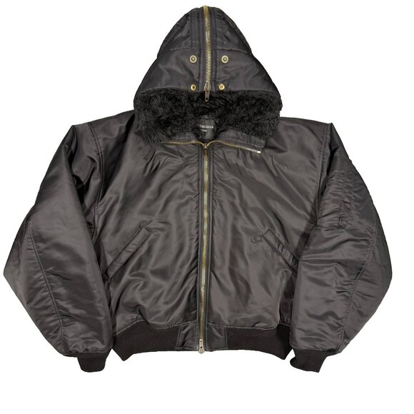 Balenciaga Hooded Bomber Jacket Faux Fur Hood Oversized Zip Blackk Large - Picture 1 of 14